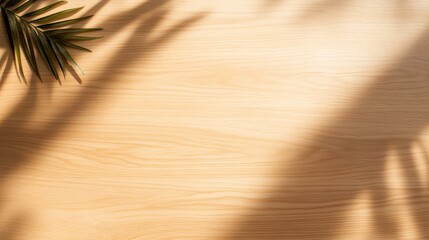 Aufkleber - Soft palm leaf shadows are cast across a clean light wood table surface, creating a serene and minimalist atmosphere against a smooth beige wall