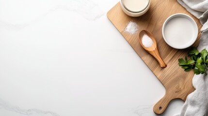 Poster - A seamless white marble background showcases natural ingredients arranged thoughtfully on a wooden board, ideal for upscale culinary presentations