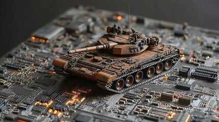 Poster - A detailed model of a tank positioned on a circuit board, symbolizing technology and warfare fusion
