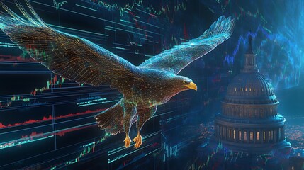 Poster - A digital eagle soaring above a financial market backdrop with stock charts and a government building