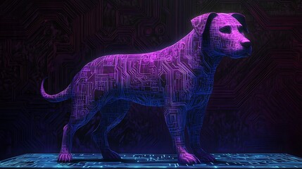 Aufkleber - A futuristic purple dog sculpture made of circuit patterns stands on a glowing platform in a tech-themed environment