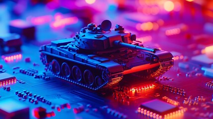 Aufkleber - A futuristic tank model resting on a vibrant circuit board, illuminated by colorful LED lights