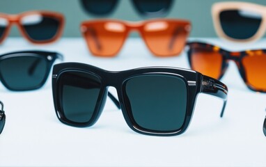 Poster - Black Square Sunglasses on Light Blue Background