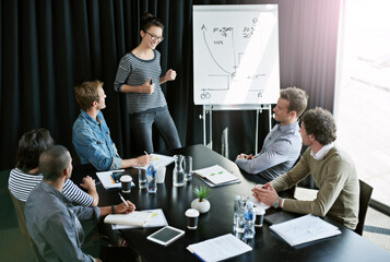 Poster - Woman, presentation and colleagues in office for meeting, business planning and white board demonstration. Presenter, company and goal or idea and strategy, collaboration or professional for project