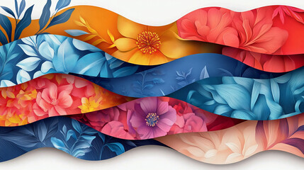 Poster - Floral waves background design with colorful flowers and leaves for digital art and print projects