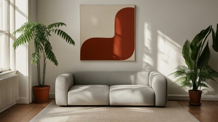 Fototapete - Bright and airy living room showcases a gray sofa and lush plants, complemented by a large abstract painting, all bathed in soft natural light from a window