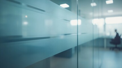 Leinwandbilder - Bright and airy office space showcases geometric glass walls and blurred workers engaged in various tasks, with sunlight enhancing the open atmosphere