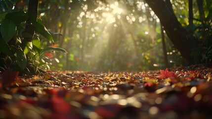 Poster - A peaceful forest path blanketed in vibrant autumn leaves glows warmly as sunlight filters through the trees, inviting quiet reflection and connection with nature