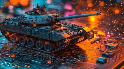 Poster - A military tank positioned on a futuristic circuit board, illuminated by vibrant colors and glowing sparks