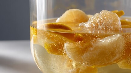 Aufkleber - Close-up view showcases a glass carafe with freshly squeezed grapefruit juice, featuring condensation and vibrant citrus slices floating in the golden liquid