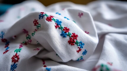 Leinwandbilder - Colorful floral motifs in red, blue, and green threads are intricately stitched in a folk style onto crisp white fabric, highlighting traditional Nordic craftsmanship