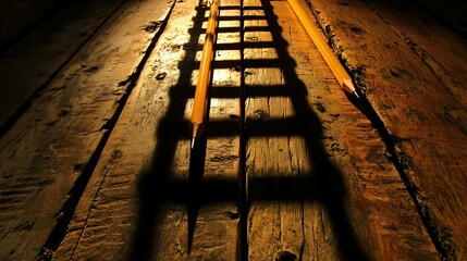 Poster - A wooden surface with shadows cast by a ladder and two pencils resting nearby, creating a unique perspective