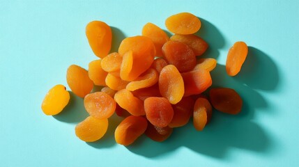 Poster - Plump dried apricots showcase their vibrant hues on a soft mint green surface, highlighting their appealing texture and natural sweetness in a creative arrangement