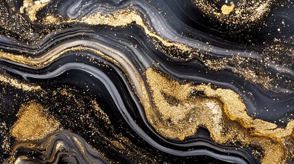 Poster - Abstract black and gold marble texture with glittering patterns, suitable for backgrounds and design