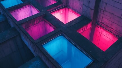 Poster - Abstract aerial view of colorful illuminated windows in a modern architectural structure at night