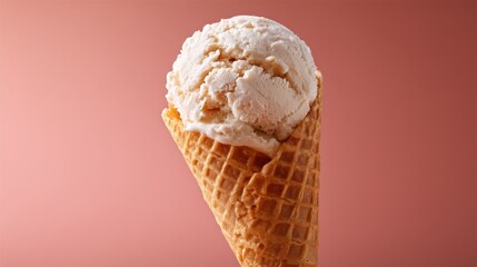 Poster - Close-up of a classic ice cream cone filled with a single scoop of textured vanilla, highlighted by soft side lighting on a pastel backdrop