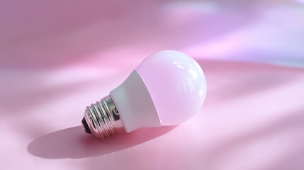 Fototapete - A lightbulb is placed straight-on against a soft pink backdrop, casting a warm glow while producing subtle shadows beneath, enhancing its delicate appearance