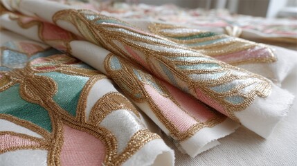Poster - Close-up view reveals intricate patterns of stitched textiles with shiny threads, highlighting the artisanal craftsmanship and dynamic movement of the fabric