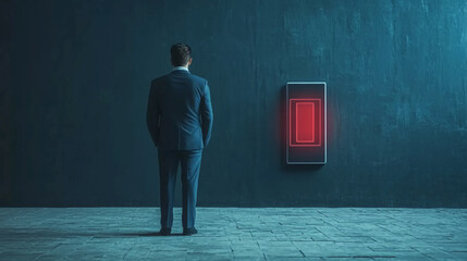 Poster - Businessman standing before glowing door concept of future technology and opportunity ahead concept 100