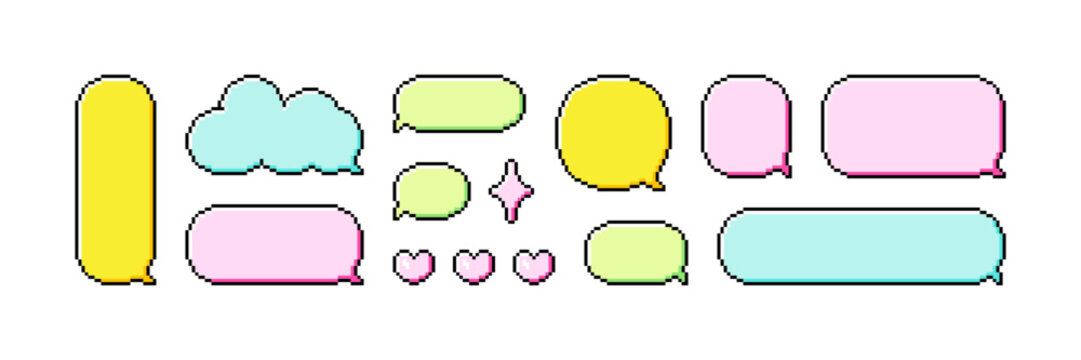 Set of pixel art dialogue box, heart, star and cloud. Speech bubbles in the mood of 90's aesthetics. Vector 8-bit retro style illustration.