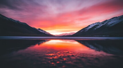 Aufkleber - Rugged mountains surround a calm lake, perfectly mirroring the stunning pink and orange hues of dawn, creating a serene and picturesque natural setting