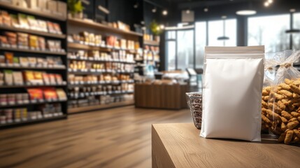 Aufkleber - Blank retail package showcased on a wooden shelf in a cozy, minimalist store setting. Warm lighting and soft shadows enhance modern design and packaging concepts
