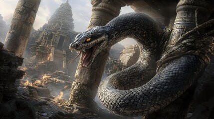Poster - Dynamic makara coiled around ancient temple ruins mythical scene dramatic landscape captivating structure
