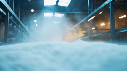Poster - Inside a factory, flour machines rotate, releasing a fine mist that fills the air, showcasing the scale and activity of flour production under industrial lighting