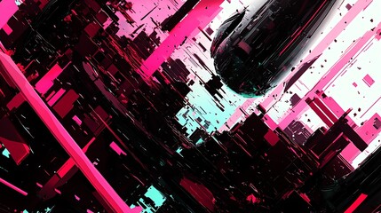 Aufkleber - Abstract digital art showcasing vibrant pink and black geometric shapes with dynamic movement