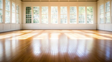 Leinwandbilder - Sunlight streams through tall windows in a minimalist interior, creating geometric patterns on a white wall and a polished wooden floor