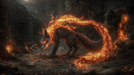 Poster - Dramatic nine-tailed fox encounter in enchanted ruins fantasy art mystical atmosphere cinematic perspective