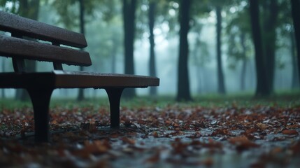 Poster - A rustic bench rests in a misty autumn forest, enveloped by tall trees and scattered fallen leaves, evoking a sense of nostalgia in the soft light