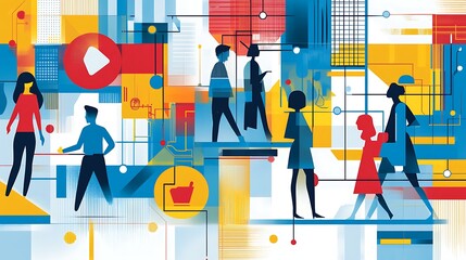 Aufkleber - Abstract illustration of diverse people interacting in a vibrant urban environment with technology elements
