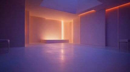 Poster - Captivating perspective from a low angle reveals a minimalist white room with an abstract sculpture illuminated by a strategic spotlight, enhancing the artistic ambiance
