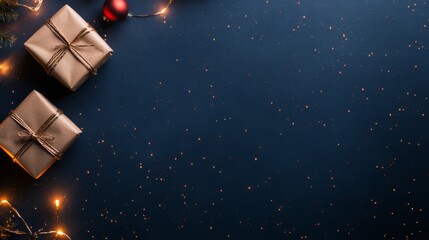 Aufkleber - Dark blue background adorned with golden stars and sparkling bokeh creates a festive New Year's atmosphere, accented by decorative elements like presents and ornaments