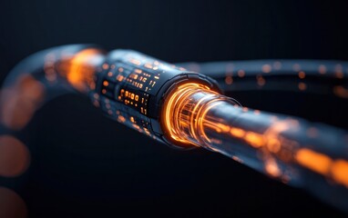 Fototapete - Glowing Orange Futuristic Cable Close-Up