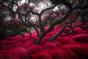 the allure of the crimson-hued grass forms intertwined with branches of ancient trees,