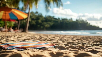 Aufkleber - A colorful beach umbrella provides shade over a striped towel resting on golden sand, while palm tree shadows dance in the sunlight next to gentle ocean waves