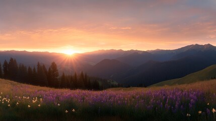 Poster - Golden sunlight spills over a serene meadow adorned with purple lupines and yellow daffodils, creating a tranquil atmosphere at dawn against a mountain backdrop