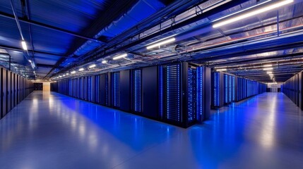 Poster - Rows of glowing server racks light up a high-tech data center, bathed in blue LED illumination. Cables and equipment create a modern, dynamic atmosphere
