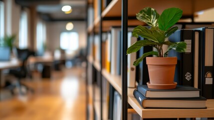 Leinwandbilder - Wide-angle view captures a stylish bookshelf filled with books and potted plants, illuminated by soft natural light, in a blurred modern office environment