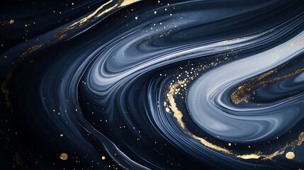 Poster - Abstract swirling navy blue and gold design with fluid patterns and glittering specks, ideal for backgrounds