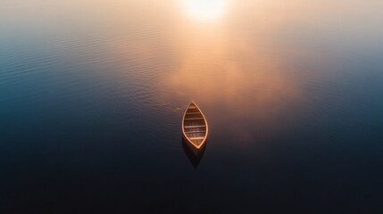 Poster - A small wooden canoe drifts on a misty lake at dawn, surrounded by calm water that mirrors the gentle light of the rising sun, creating an atmosphere of serenity