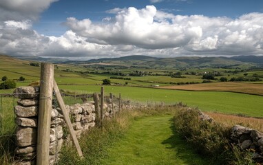 Poster - Sunny Pastoral Valley Landscape with Stone Wall