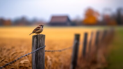 Poster - A sparrow sits atop a wooden fence post, gazing out at a rustic farmhouse and expansive fields of golden wheat, embodying a peaceful rural atmosphere