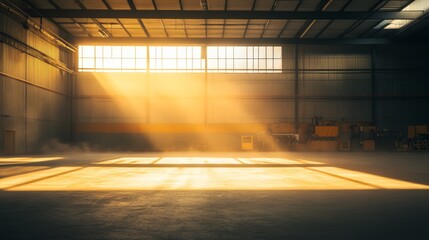 Fototapete - An expansive industrial warehouse features a solitary beam of sunlight shining through a high window, highlighting dust and creating a serene atmosphere of isolation