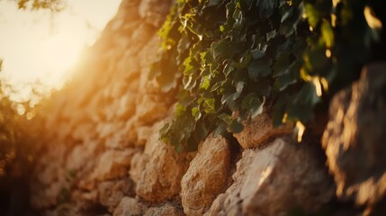 Aufkleber - A wide-angle view captures an ancient stone wall draped in green ivy, with sunlight accentuating its textures, evoking a peaceful and timeless ambiance