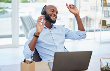 Poster - Headphones, music and dancing creative with laptop listening and enjoying energetic dopamine songs to help him concentrate. Smiling, happy and motivated business man on a break and feeling inspired