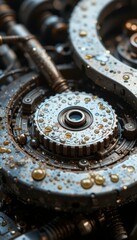 Poster - Close-Up View of Metallic Gears with Water Drops and Dust Particles