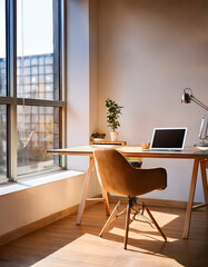 Poster - Cozy workspace with a desk, laptop, and natural light